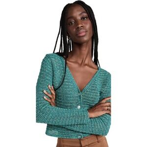 $395 NWT  Vince Emerald Green Marled Crochet Cropped V Neck Cardigan Sweater/S